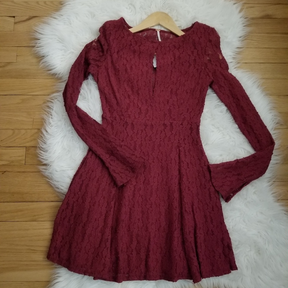 Maroon Skater Style Lace Dress, Free People Size S